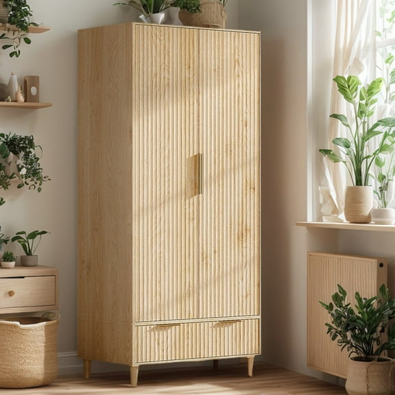 Ktaxon Fluted Wardrobe Closet Armoire with Hanging Rod, Modern Drawer & Shelf – Elegant Oak Finish Closet with Wood Handles, Farmhouse to Mid-Century Style