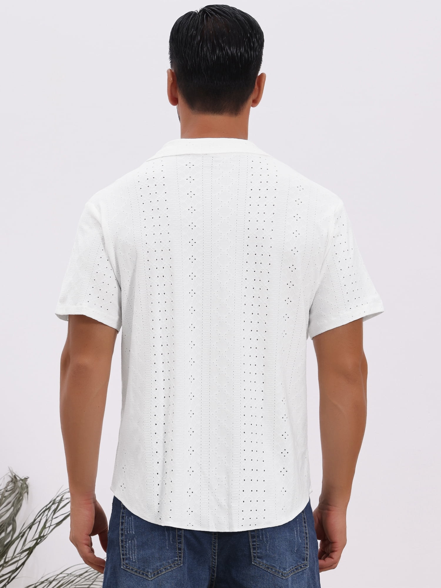 DARING DIVA Men's Hollow Texture Knit Short Sleeve Camp Collar Shirt M White