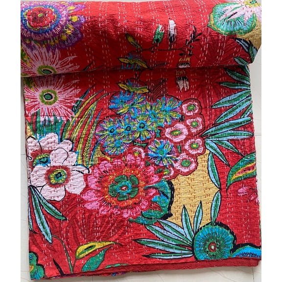 Handmade Red Floral Kantha Quilt â€“ 100% Cotton Indian Blanket, Bright Vintage Bed Quilt, Hand Block Printed Boho Bedspread