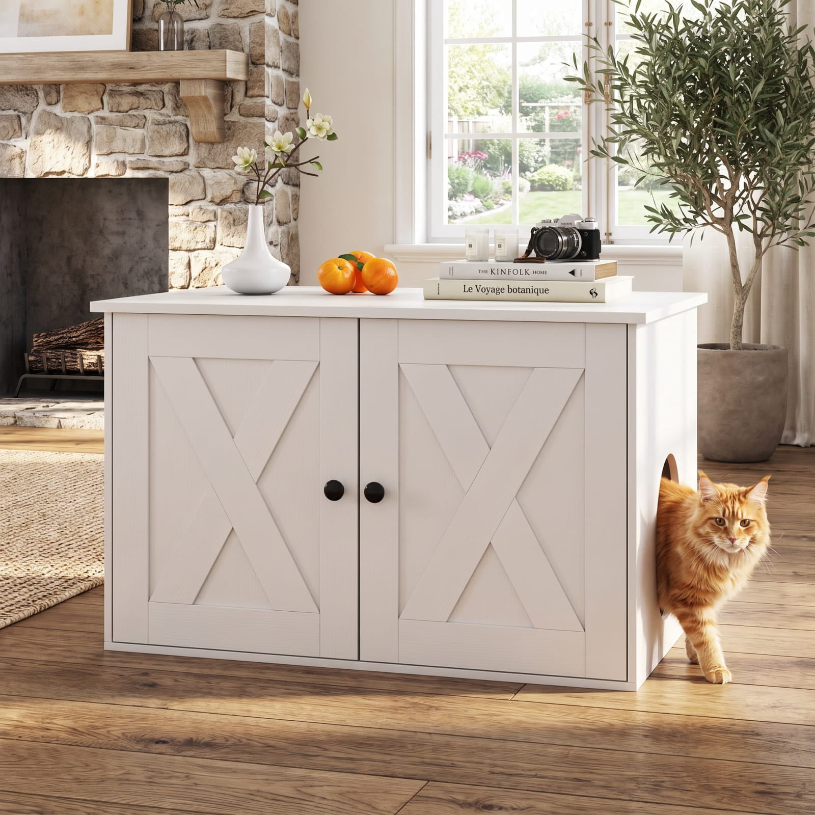 Vebreda Hidden Cat Litter Box Enclosure with Divider and Double Doors, Cat Litter Box Furniture with Storage Top, 31.5 Inch, White