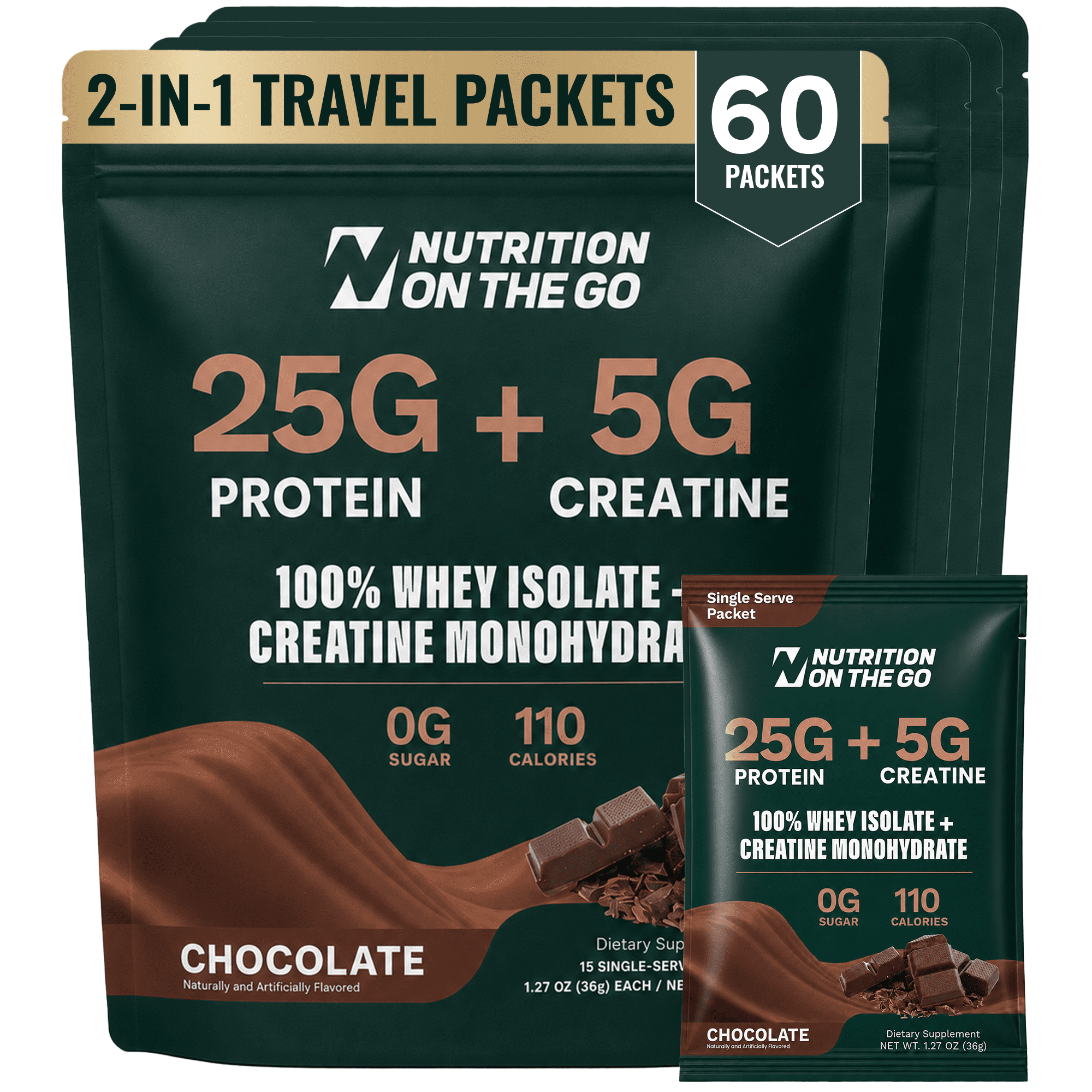 Nutrition On The Go Whey Protein Isolate + Creatine Travel Packets, Chocolate, 60 Count