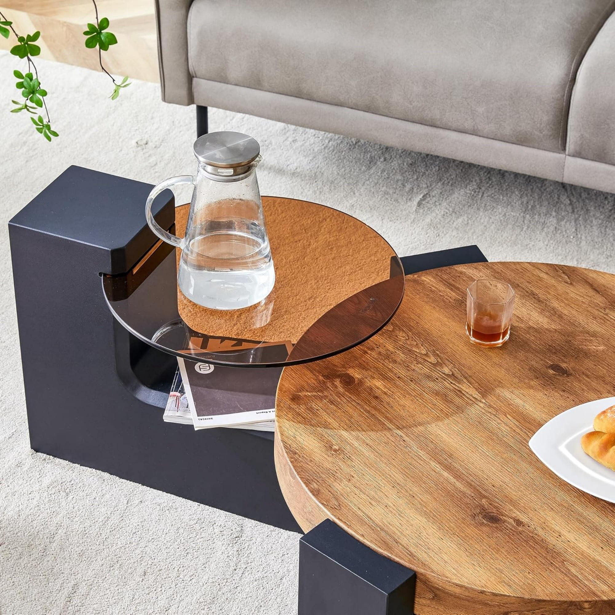 Sudica Detachable Double-decker Coffee Table 30" Round,Tea Table with Black Faux Marble Tabletop,Center Table for Living Room