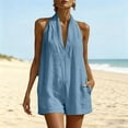 thumbnail image 2 of Cmfcve Linen Overalls Romper Short for Women Halter Neck Sleeveless Casual Wide Legs One Piece Jumpsuit with Pockets, 2 of 5