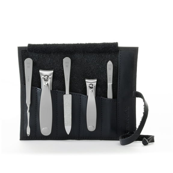 GERMANIKURE 5pc Manicure Set in Black Leather Case - Made in Solingen Germany, FINOX Stainless Steel Tools – Professional Quality Compact Nail Grooming Kit