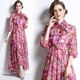 thumbnail image 1 of Dropshipping Nouvelle Robe Midi Décontractée d'Été Automne Imprimé Fruits Nœud Papillon Col Foulard Manches 3/4 Taille Empire Femmes Soirée Plage, 1 of 7