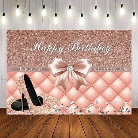 Image of Pink Glitter Birthday Backdrop Pink headboard Bow Birthday party decoration Shiny high heels background for photo studio diamond