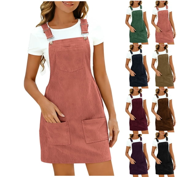 Vhkiploz Summer Mini Pinafore Dress for Women's Square Neckline Sleeveless A-Line Tank Dress Adjustable Straps Solid Color Tunic Dress with Pockets