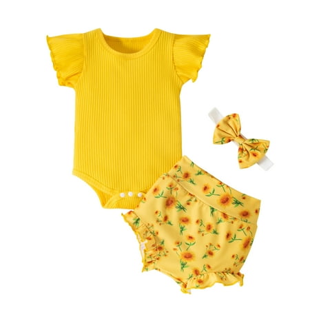 

Mikilon Toddler Baby Girls Fashion Cute Flowers Print Ruffles Short Sleeve Romper Shorts Pants Bow Suit Infant Clothes for Baby Girl 12-18 Months Yellow 2023 Deal