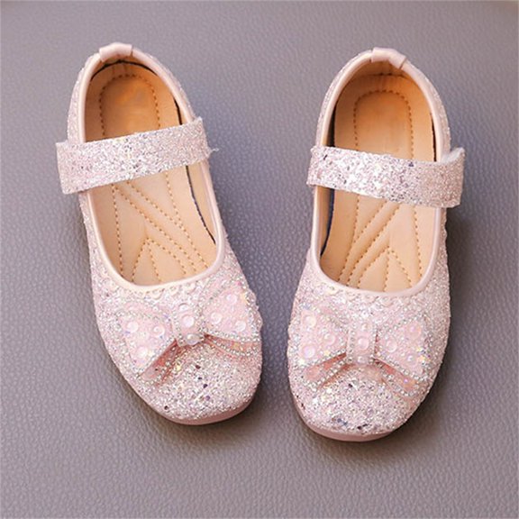 FSYBOA Girls Dress Shoes Size 2(Big Kids), Soft Soled Gifts Casual Hook and Loop Strap Kids Princess Shoes Pink
