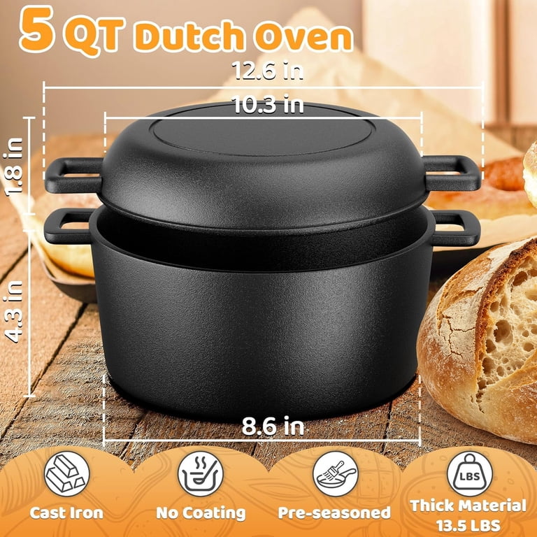 Gijjgole 5-Quart Pre-Seasoned Cast Iron Dutch Oven with Skillet Lid photo 4