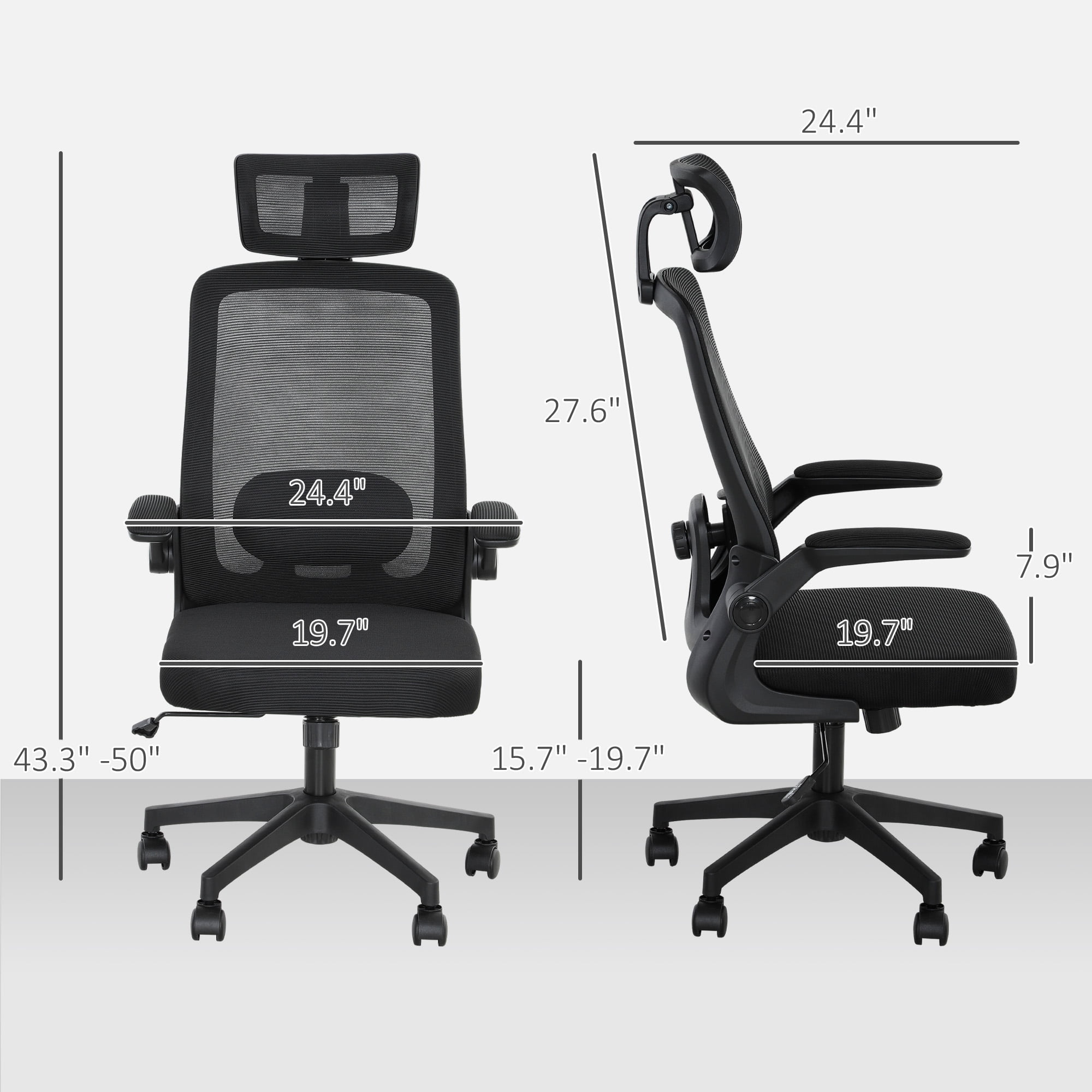 HOMCOM Ergonomic Office Chair with Flip-up Armrest, Adjustable Headrest and Lumbar Support, Mesh Desk Chair for Home Office, Black