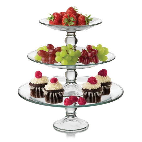 Libbey Selene 3 Tier Serving Stand Set, Elegant, Curvy Style Glass Dessert Stand, Dishwasher Safe 3 Tiered Dessert Stand for Fruit and Candy bowls