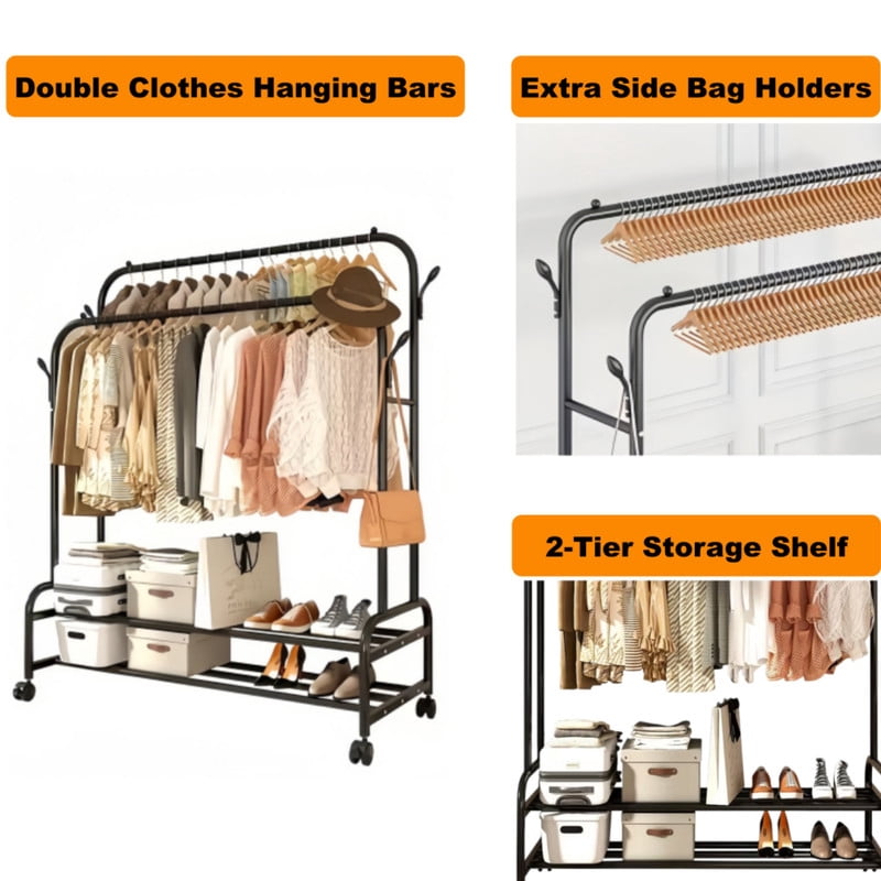 Double-Bar Metal Clothes Hanging Rack, Rolling Storage Shelf with Lockable Universal Wheel, Freestanding Garment Rack