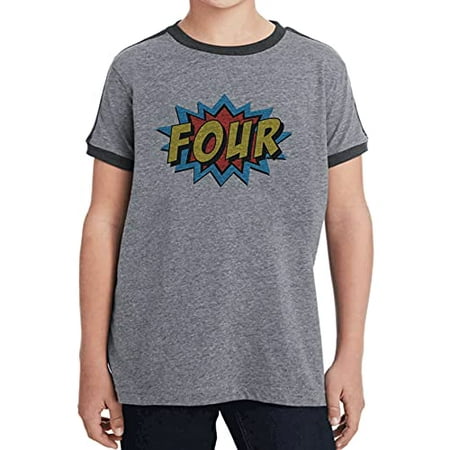 

7 ate 9 Apparel Kids Four Birthday 4 Super Hero Fourthh Comic Grey Retro Ringer Tee