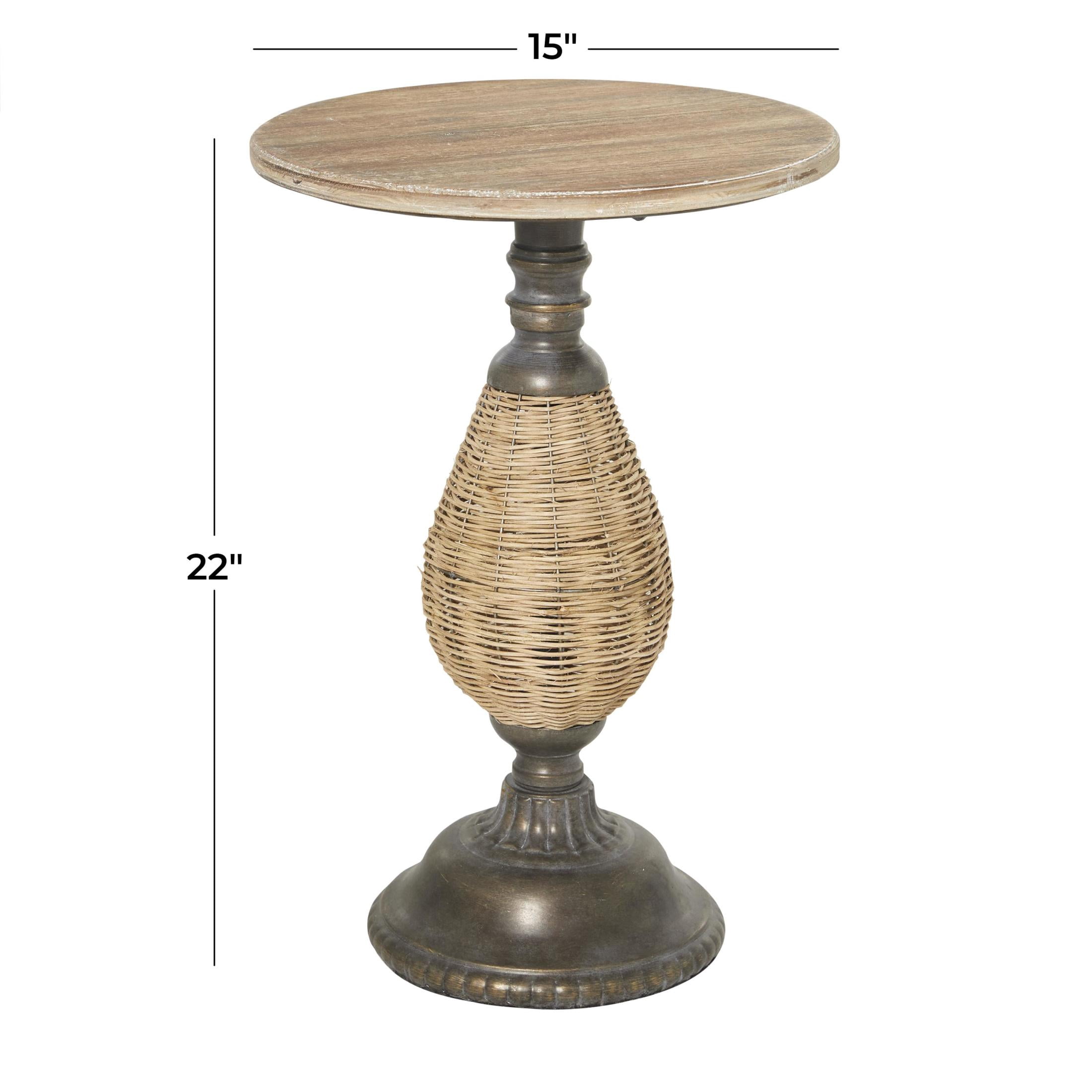 DecMode 15" x 22" Brown Wood Accent Table with Black Metal and Rattan Base, 1-Piece