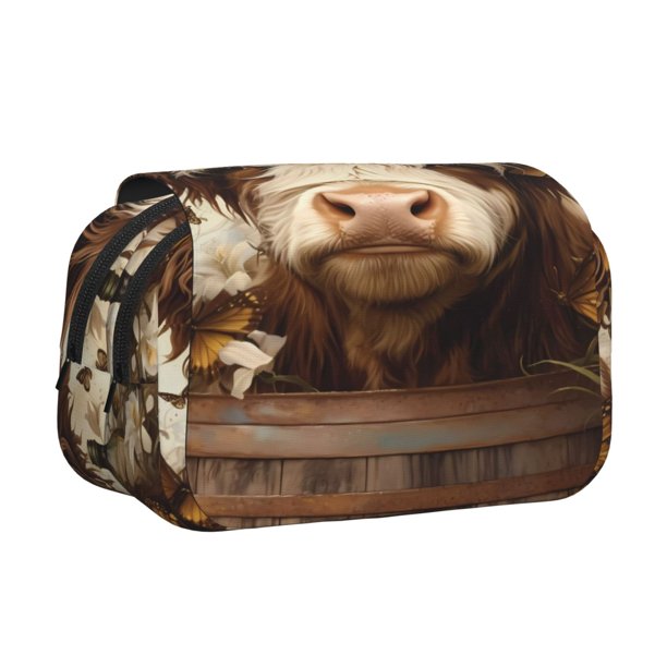 Disketp Butterfly Cow Barrel Estuche de Lápices de Doble Capa con Tapa Abatible y Cremallera, Organizador Escolar para Adolescentes y Adultos