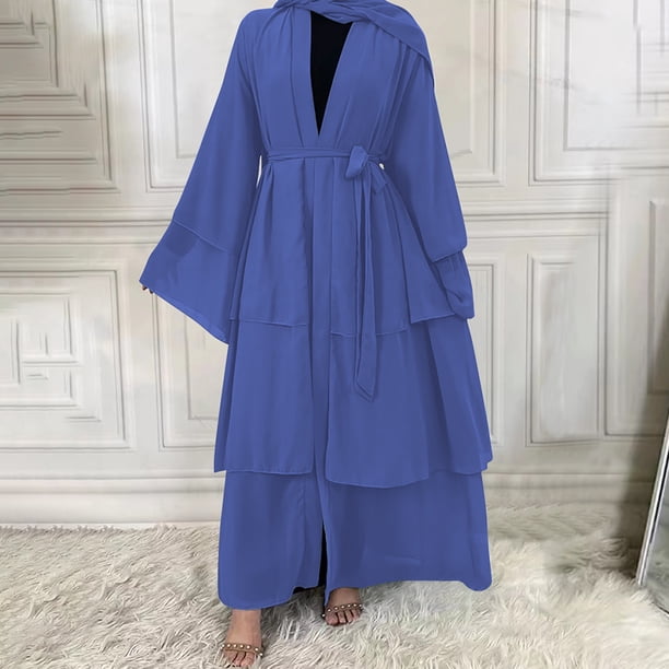 IBTOM CASTLE Muslim Chiffon Abaya for Women Open Front Cardigan Modest Dress with Hijab Scarf Middle East Arabian Robe Islamic Long Dress M Blue