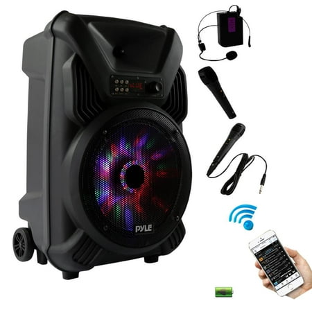 Pyle PPHP126WMU - Portable PA Speaker & Microphone System, Bluetooth Wireless Streaming, Built-in Rechargeable Battery, Dancing LED Party Lights (Includes Wired & Headset