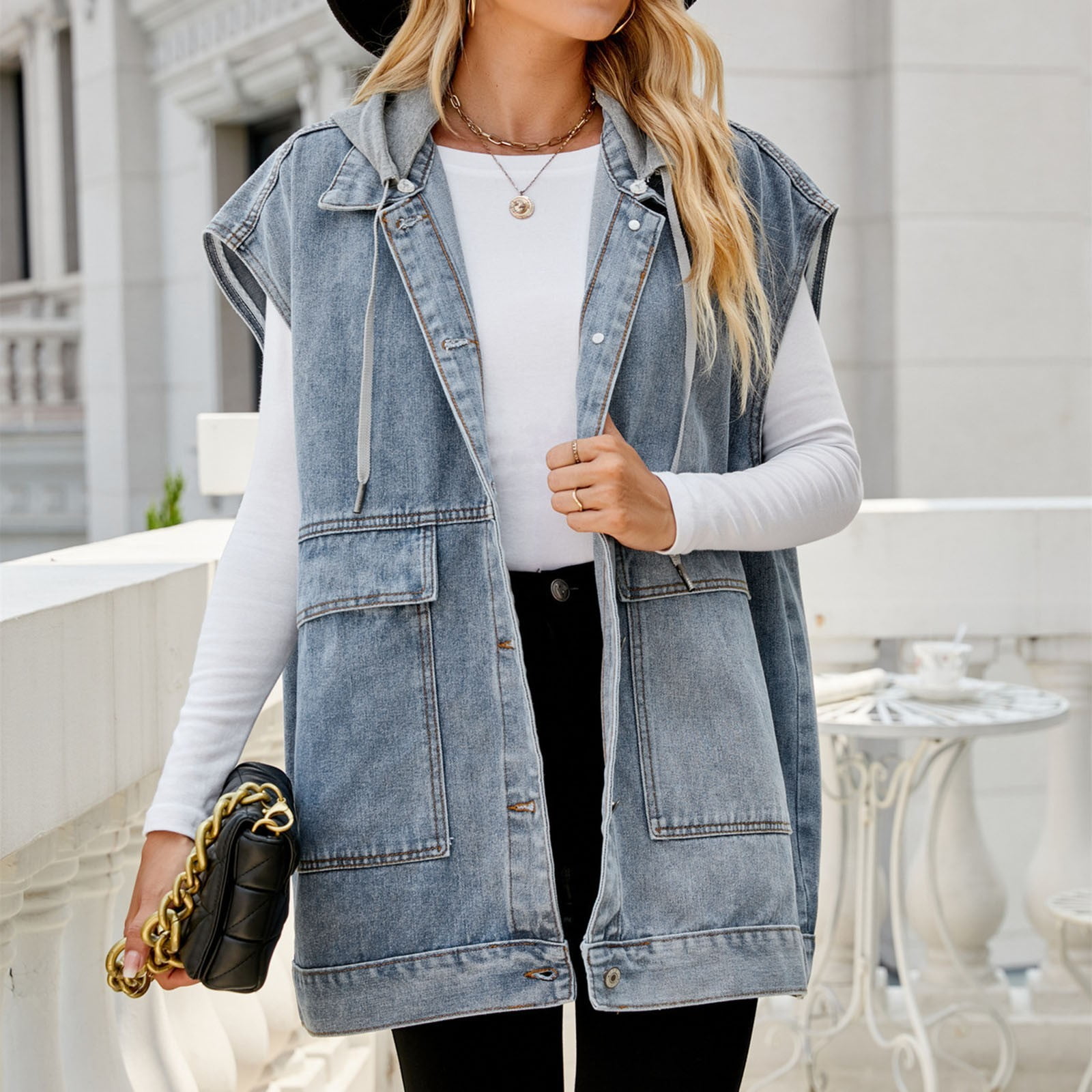 Women Lapel Loose Blouse Fashion Loose Denim Waist Coat Sleeveless Vest Button Hooded Detachable Coat Running Vest Half Jackets for Women Holiday Vests for Women down Vests Women plus Size Winter