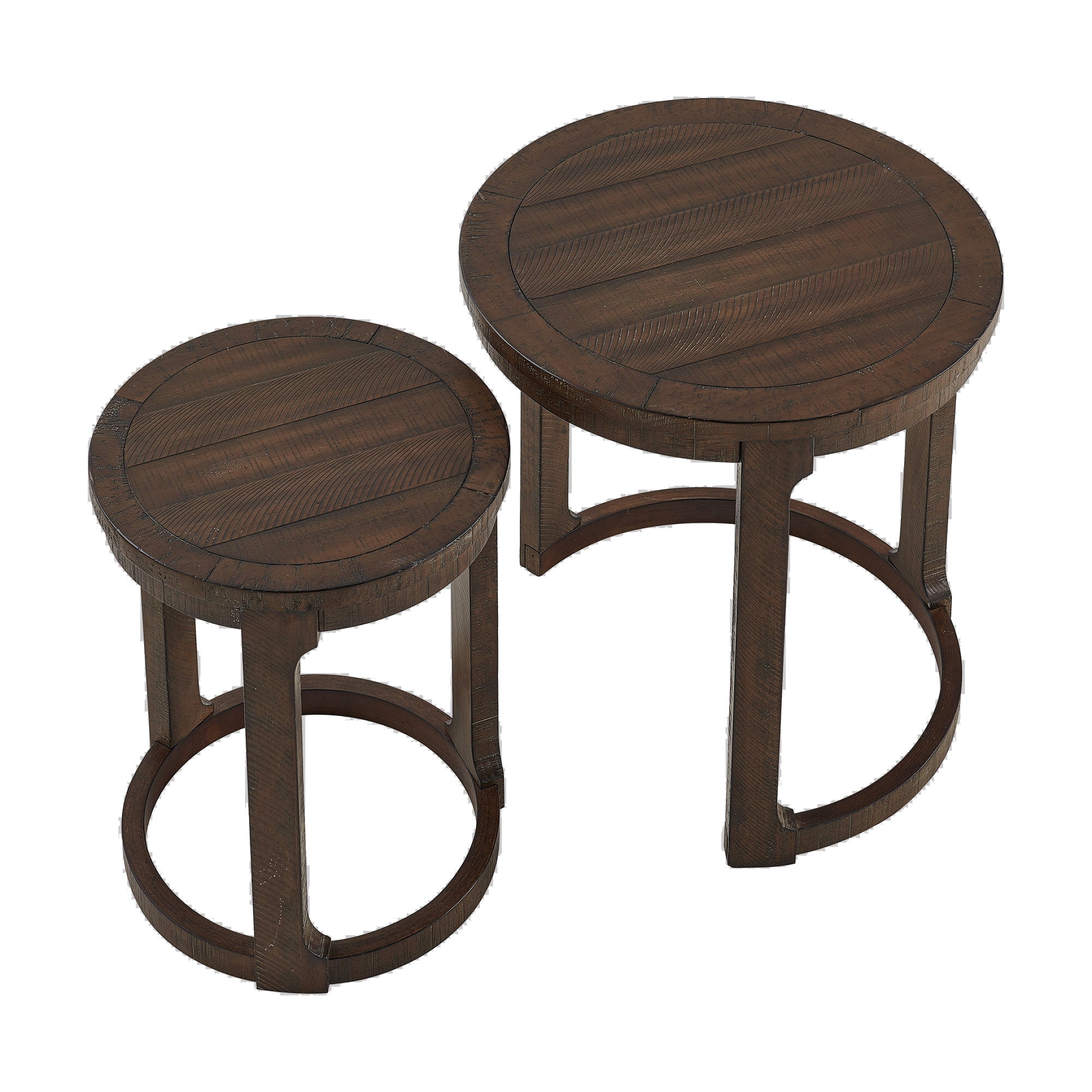 24 Inch Curved Round Coffee Table Set, Mid Century Rustic Style Nesting Side Tables with Staggered Height, Solid Wood and MDF Construction, Dark Brown Finish