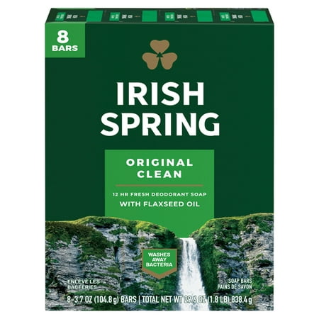 Irish Spring Original Clean Deodorant Bar Soap for Men, 3.7 oz, 8 Pack