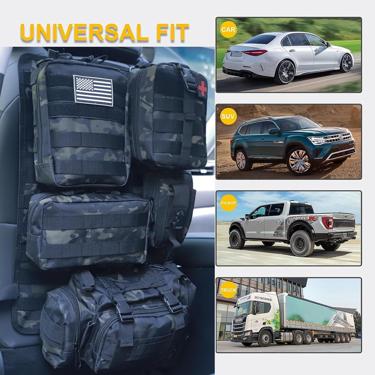 Universal Tactical Car Seat Back Organizer Bag Tactical Molle Vehicle Organizers Panel Vehicle Protector Organizers with 5 Detachable Pouches for Car Truck Ford Jeep (Black camo)