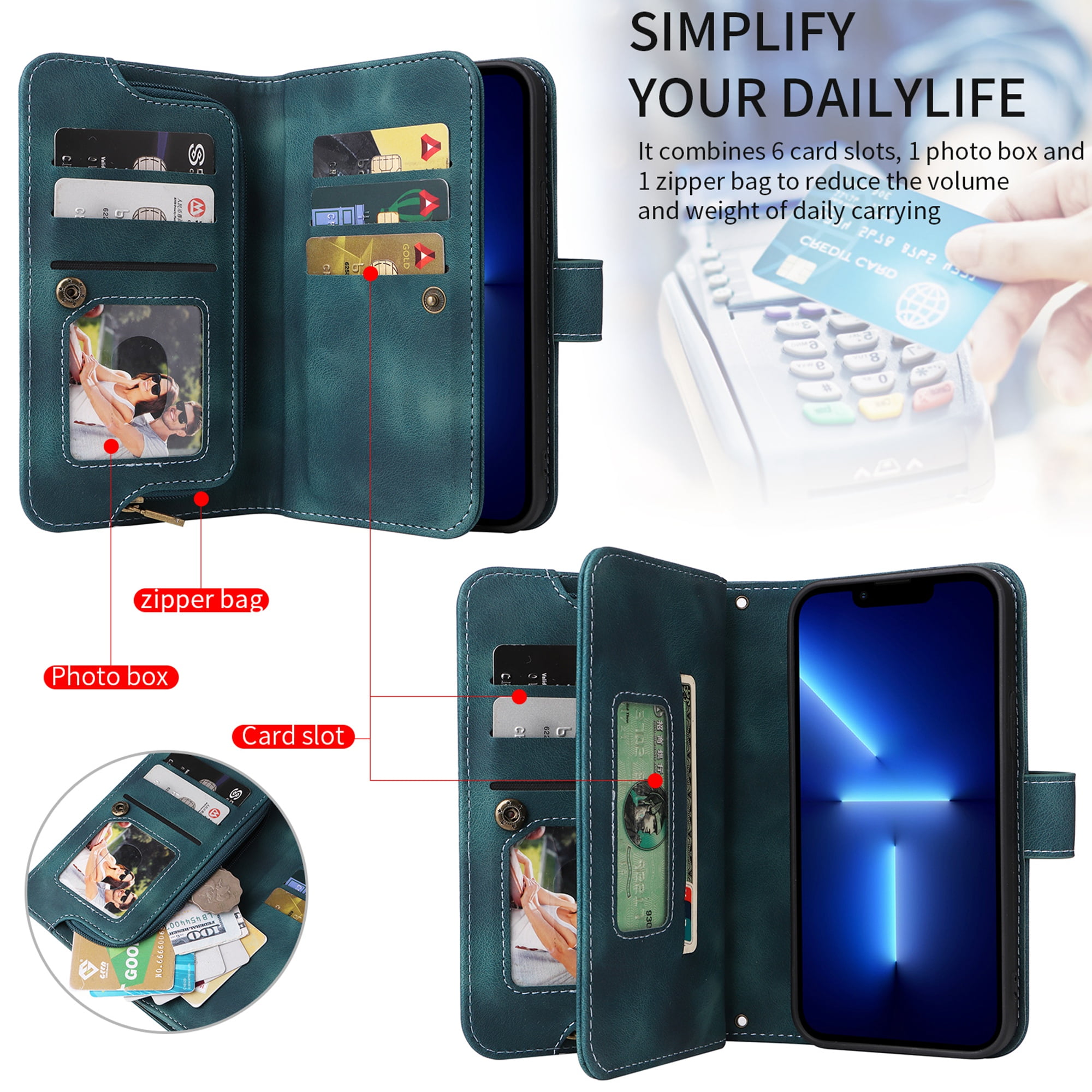 Dteck for Apple iPhone 14 Pro 6.1 inch Wallet Case for Women Men, Sturdy PU Leather Case Magnetic Flip Zipper 7 Cards Holder Wristlet & Shoulder Strap Kickstand Phone Case, Blue