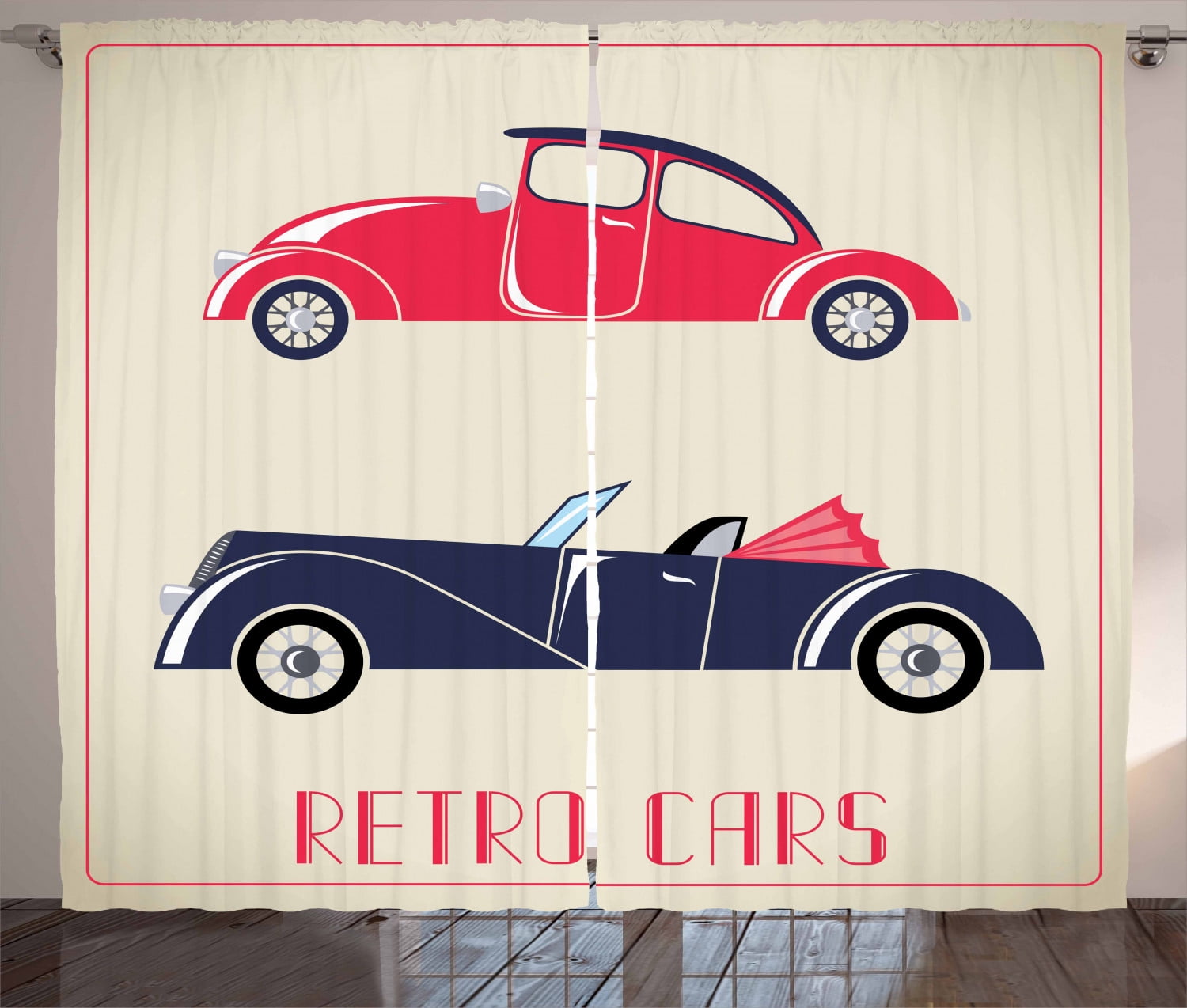 Cars Curtains 2 Panels Set, Old Fashioned Cars Convertible Urban