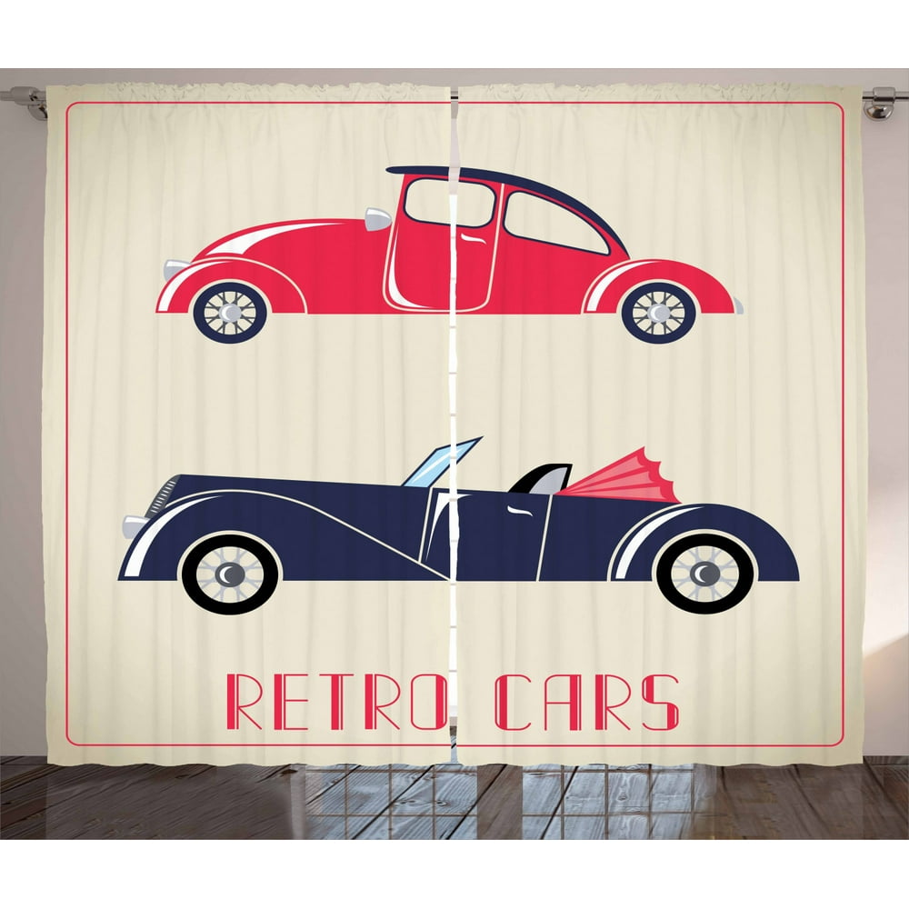 Cars Curtains 2 Panels Set, Old Fashioned Cars Convertible Urban