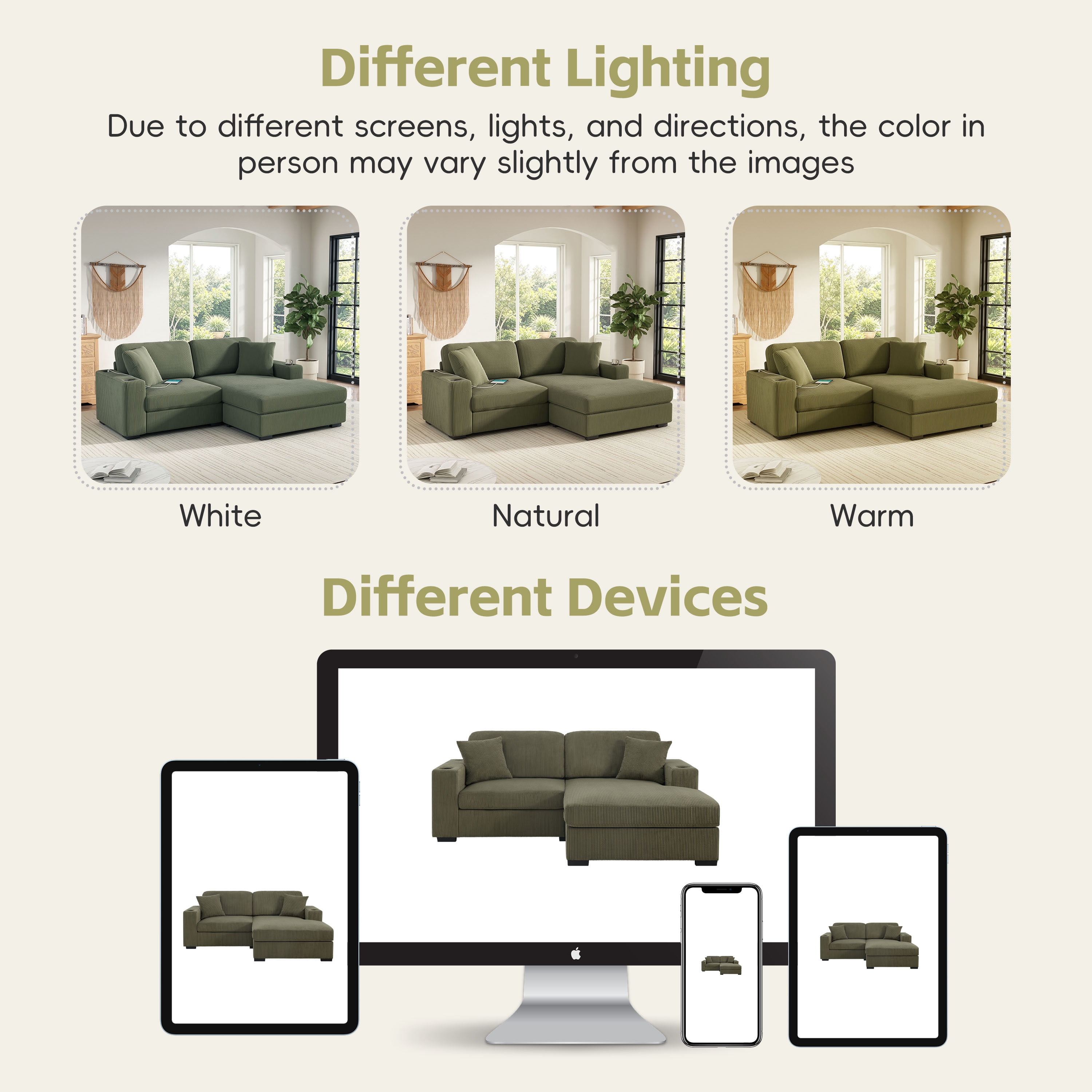 GARITIN L Shaped Sectional Sofa 86.5 Inch, Corduroy Upholstered Couch with Cup Holders and Charging Ports for Living Room, Green