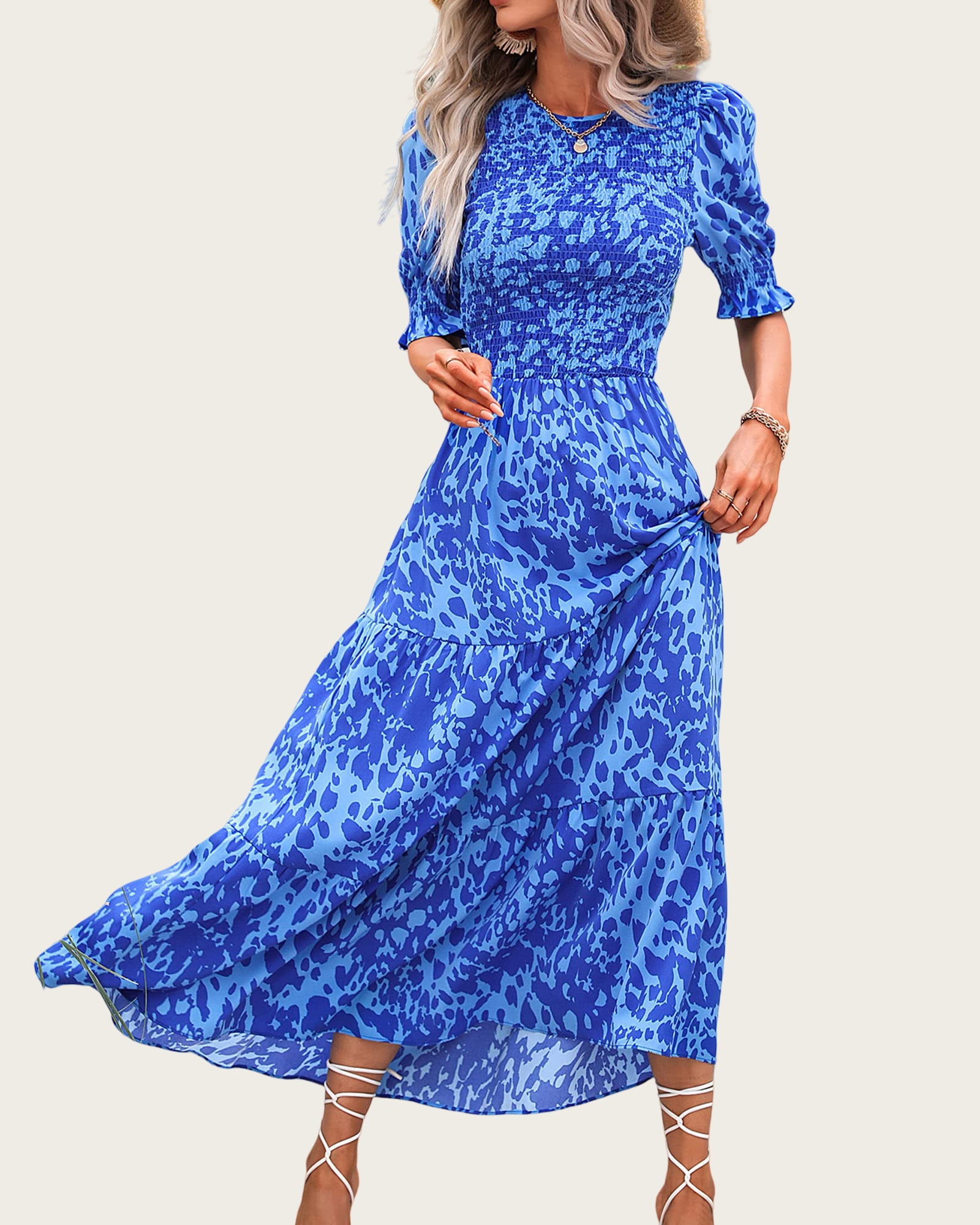 FreshPretty Women Casual Summer Dresses Spring Crew Neck Ruffle Short Sleeve Floral Print Smocked Boho Flowy Maxi Dress