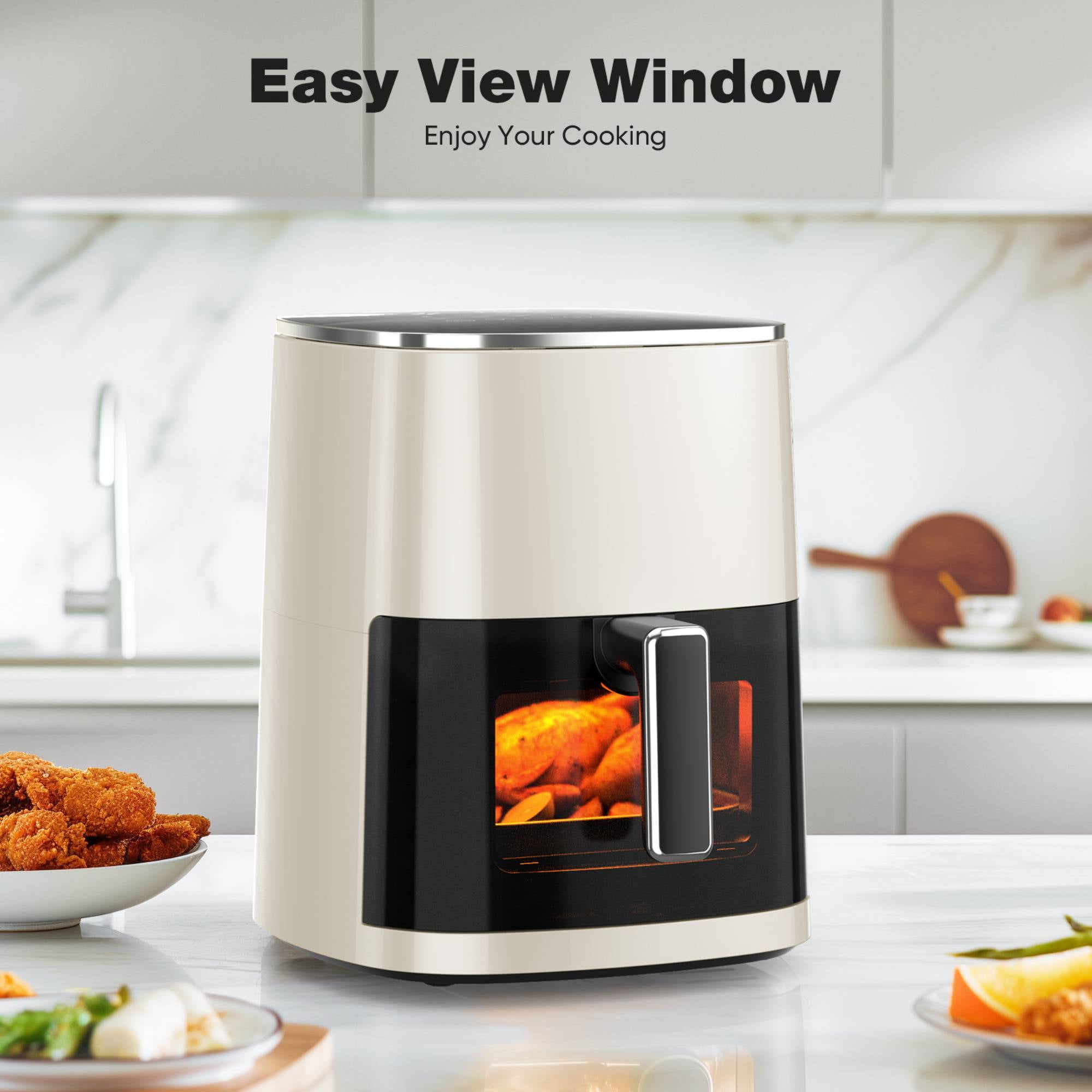 Air Fryer 6 Quart 12-in-1 Digital Airfryer with Clear Window, Roast, Reheat, Dehydrate, Bake 400F Precise Heat, with Nonstick & Dishwasher Safe Basket, Beige