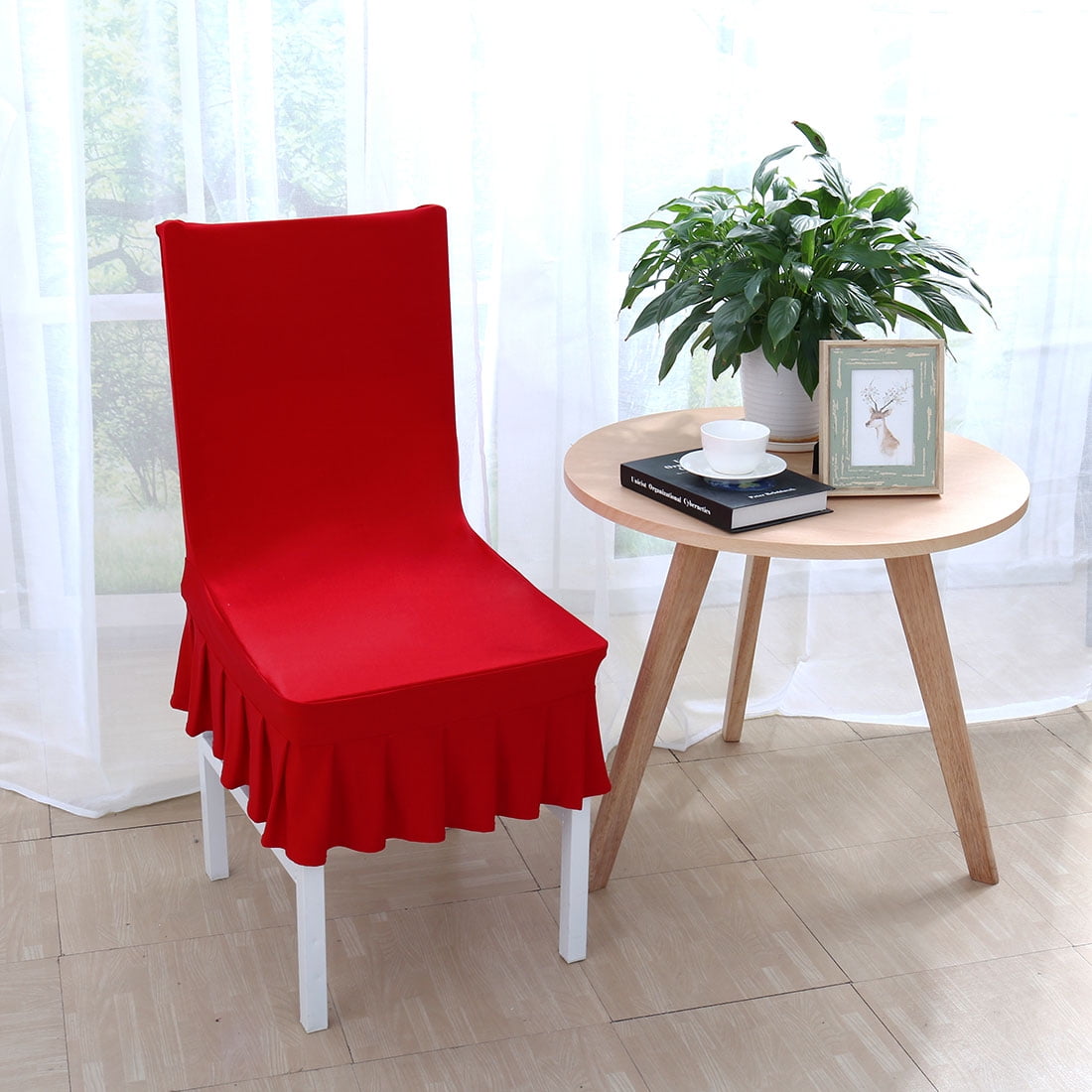 Stretchy Spandex Ruffled Skirt Short Dining Room Chair Covers Stretchy Spandex Ruffled Skirt Short Dining Room Chair Covers Washable Removable Seats Protector Slipcovers Red