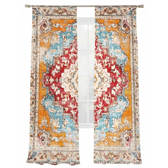 Vintage Sheer Curtains 96 Inch Long 2 Panels, Abstract Orange Bohemian Farmhouse Tribal Light Filtering Rod Pocket Semi Sheer Curtains, Sheer Voile Drapes for Living Room Bedroom, 52"x96"