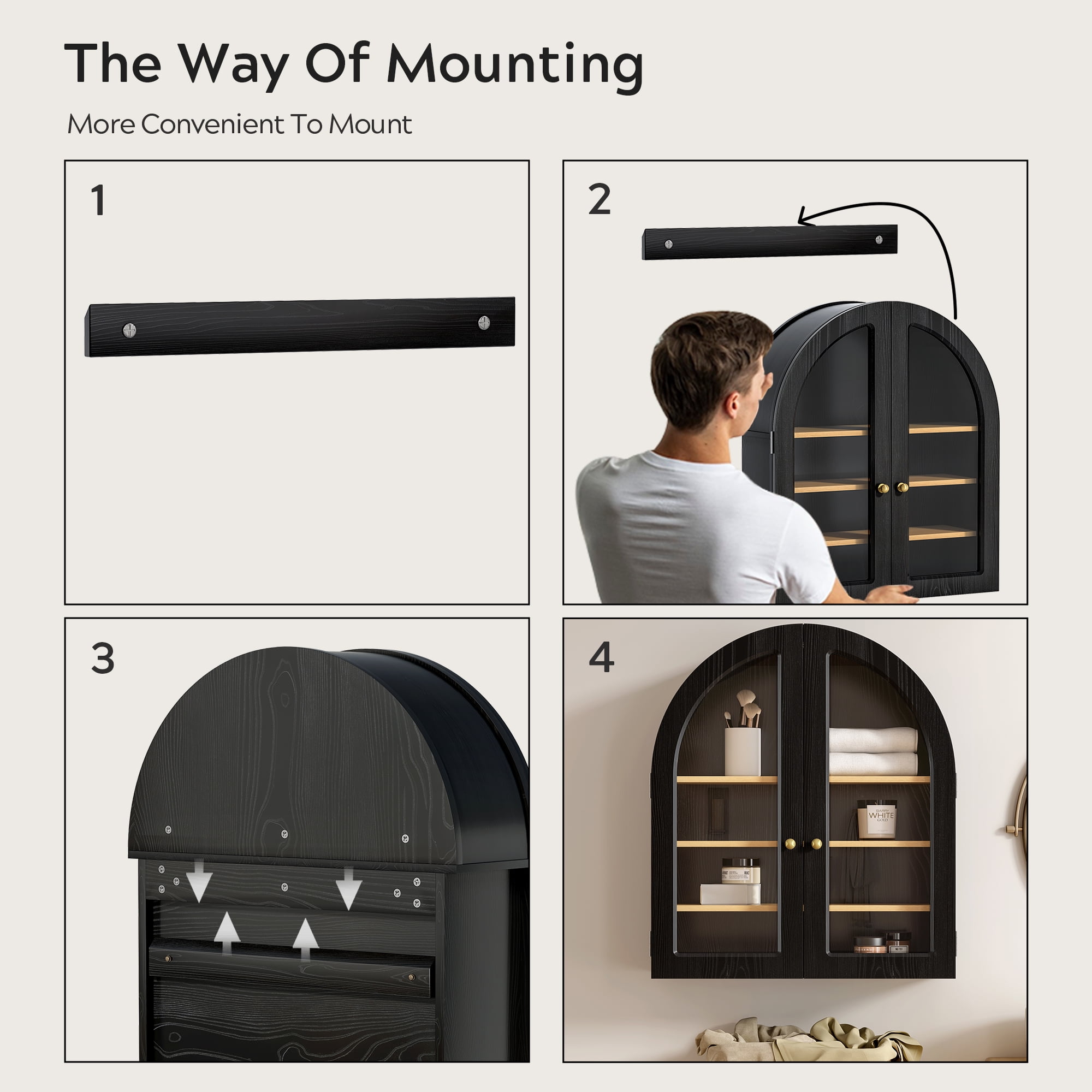 EYYTHUNG Modern Arched Wall Cabinet, Large Medicine Cupboard Black Cabinet for Bathroom with Adjustable Shelf, Black Oak