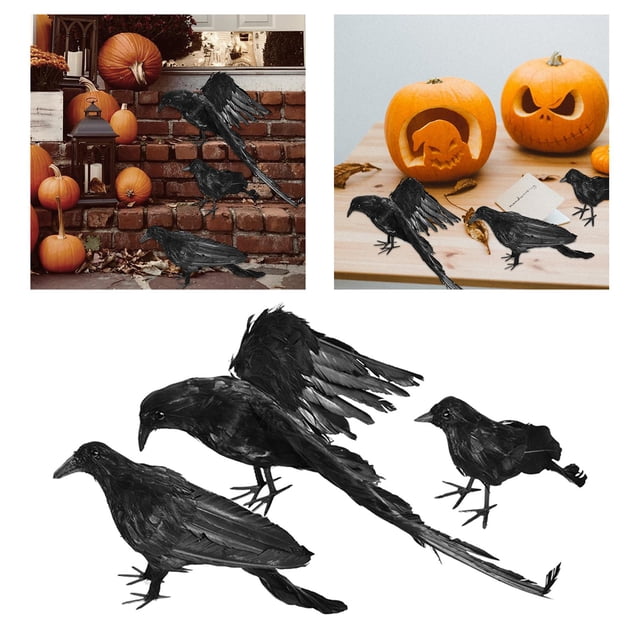 Estatua de pájaro de espuma de falso negro vivo, modelo de , accesorio de aterrador, adorno de árbol, espantapájaros de jardín, 3 piezas Macarena Estatua de cuervo