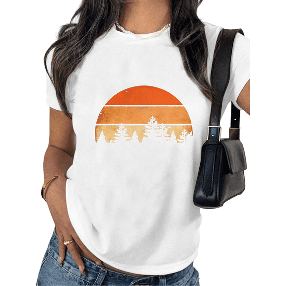 White Womans Trendy Sunset Forest Graphic Tees Print Tshirt Shirts Short Sleeve S-5XL Tops