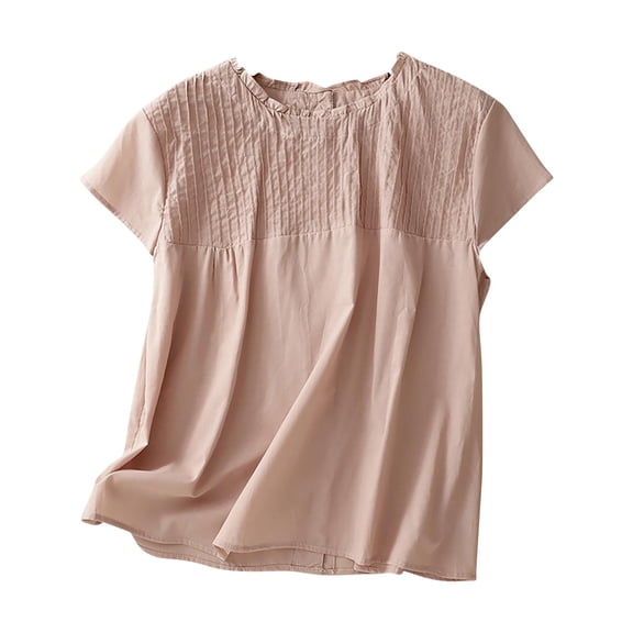 Lenpel Line Tops for Women Trendy Short Sleeve Ruffle Crew Neck Pleated Solid Color T-Shirts Fashion Casual Blouses