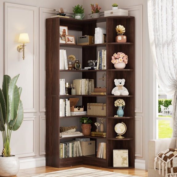 Homieasy 6-Tier Corner Bookshelf, 79'' Tall Modern L Shaped Bookcase with 13 Open Storage Shelves, Corner Storage Shelf for Home Office, Living Room, Bedroom, Black Walnut