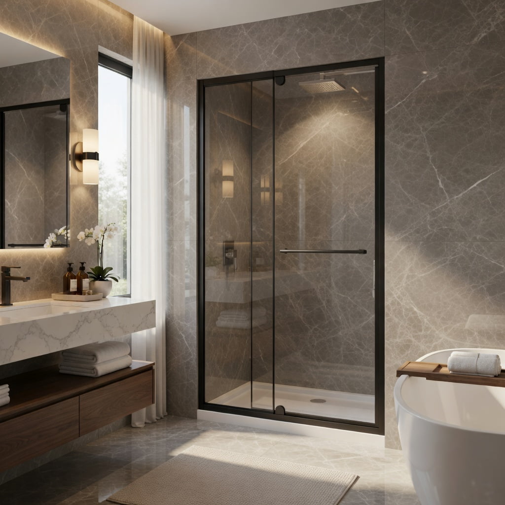 Hommoo 44-48" W x 72" H Pivot Shower Door, 1/4" Thick SGCC-Certified Tempered Glass, Stainless Steel Handle & Aluminum Frame, Reversible Left/Right Installation, Black & Transparent