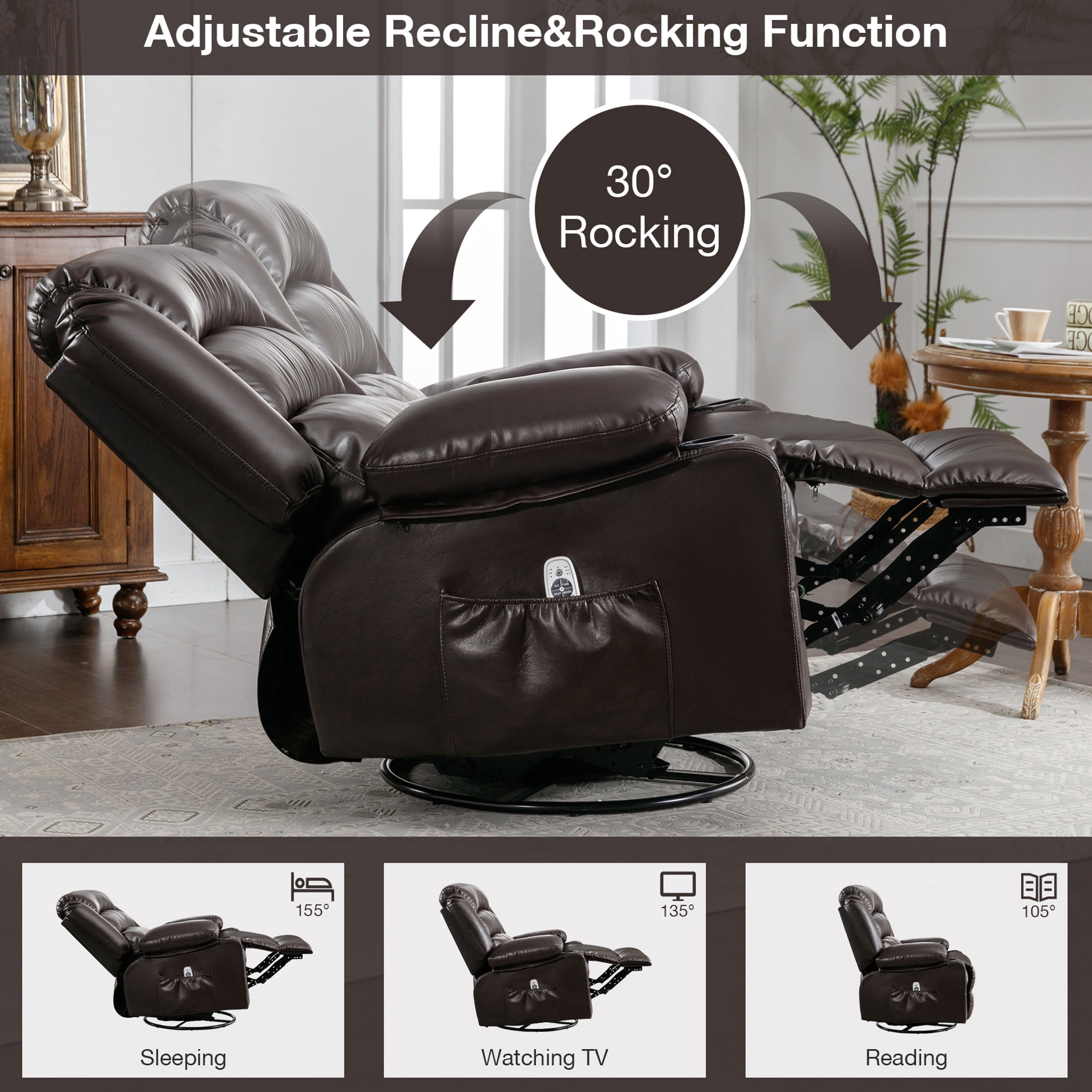 UHOMEPRO Massage Swivel Rocker Recliner Chair, PU Leather Rocking Sofa Home Recliner with Side Pockets Cup Holder and USB Charge Port, 360-degree Rotation, 30-degree Rocking, Brown