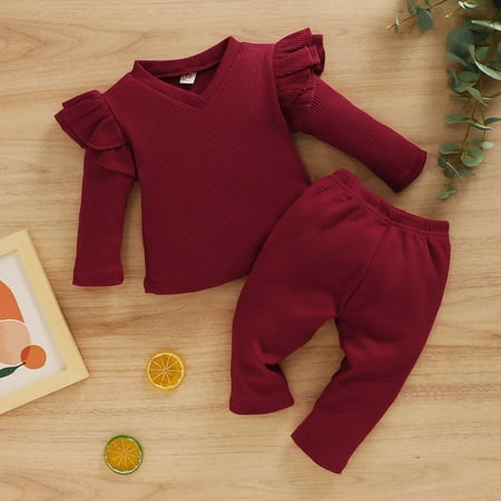 

Leutsin Toddler Baby Girls Long Sleeve Ruffles Solid Tops+Pants Outfits Set
