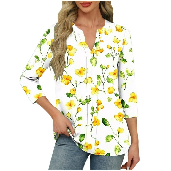 Jsaierl Tops for Women 3/4 Sleeve Casual V Neck Shirts Cute Print Petite Blouses Work Holiday T-shirts Top S-2XL