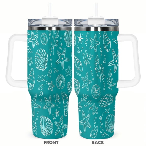 40oz Ocean Seashell Tumbler with Handle and Straw Stainless Steel Insulated Car Cup Travel Coffee Cup Beach Gift