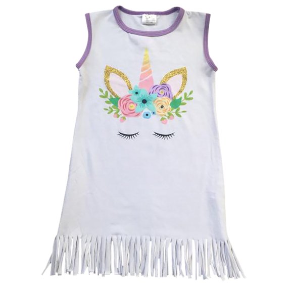 Toddler Girls Lovely Sleeveless Unicorn Tassel Cotton Birthday Party Girl Dress White 2T XS (P201369P)