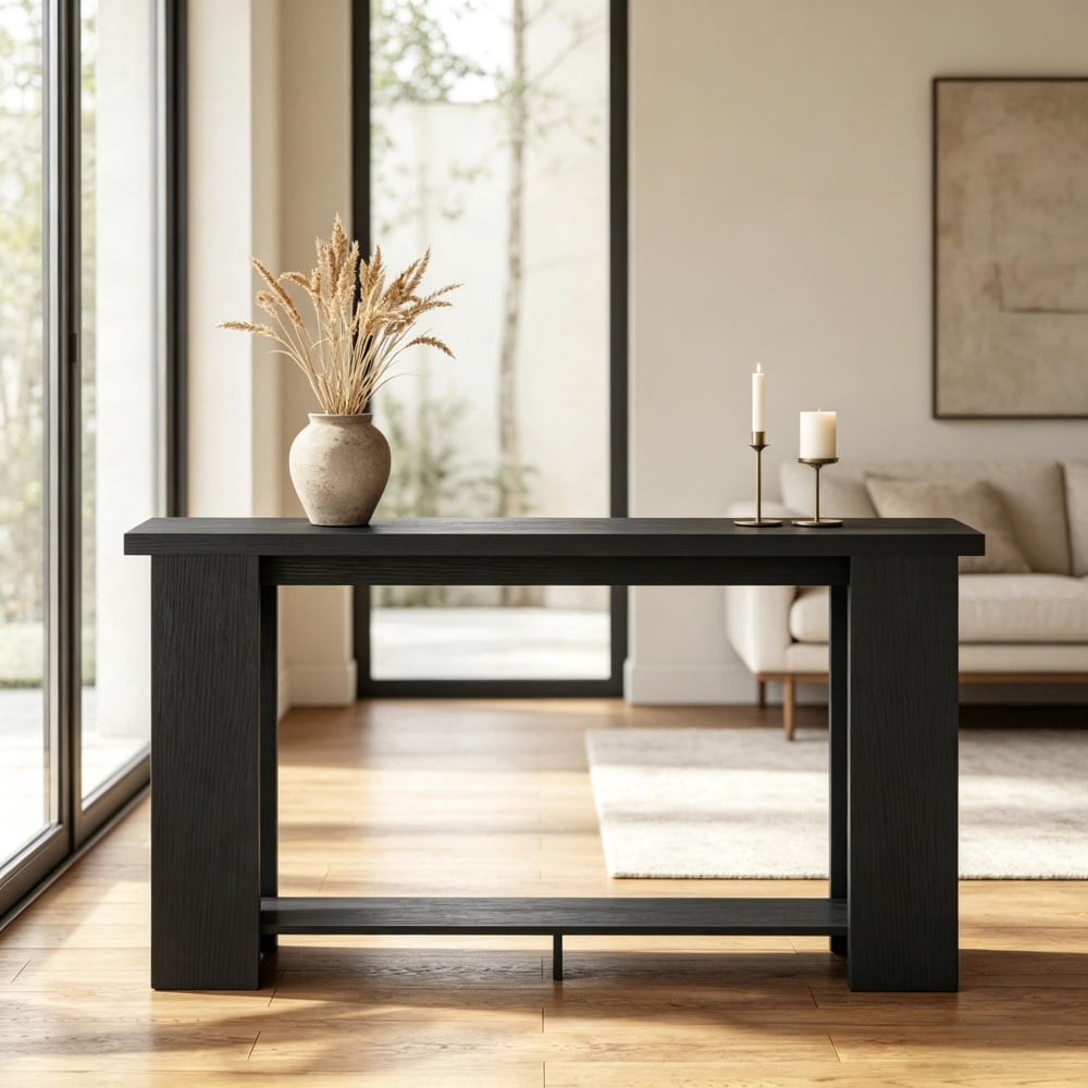 Distressed Brown Narrow Console Table, 63" Long MDF Sofa Table with Open Shelf, Anti-Tip Strap for Living Room/Hallway