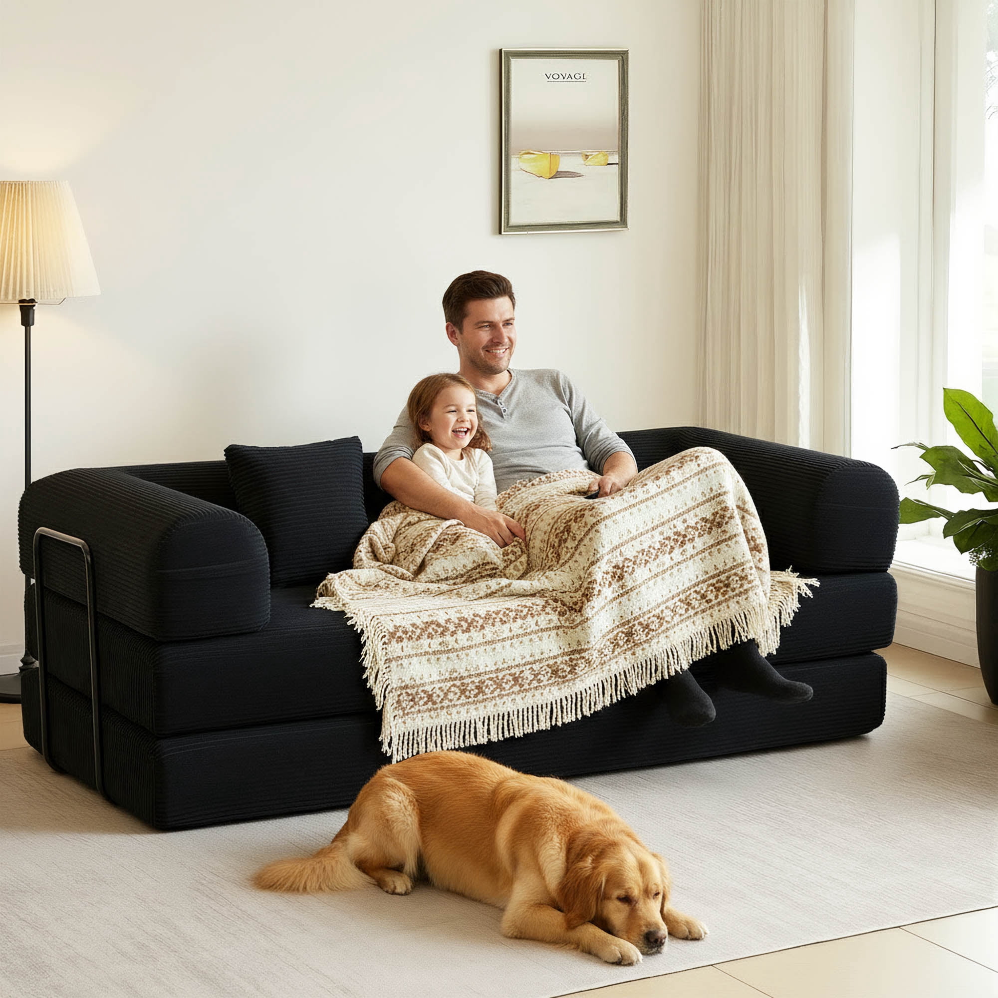 GAOHAPY 80" Convertible Sleeper Sofa Bed, Corduroy Foldable Futon Couch with Pillows, No Assembly Sofa Couch for Living Room Small Spaces Apartment,Black