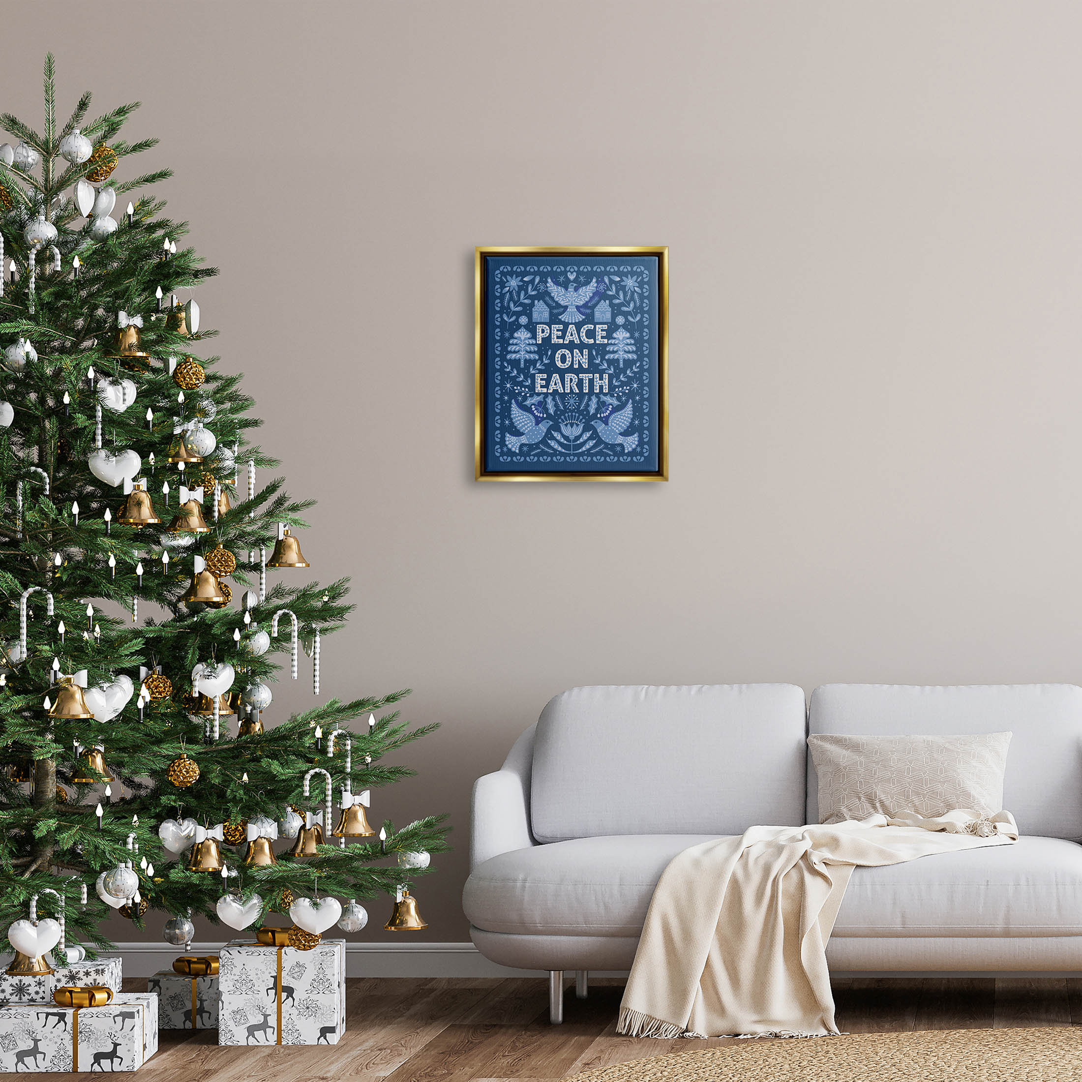 Peace On Earth Blue Doves Holiday Graphic Art Metallic Gold Framed Art Print Wall Art