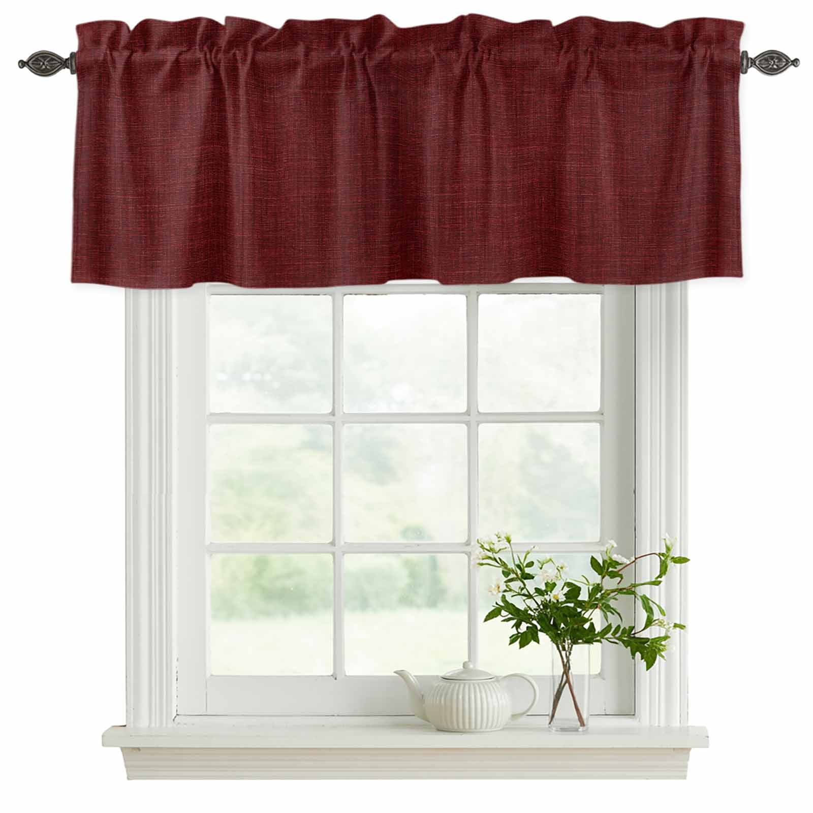 2 Pack Valances for Windows, Vintage Dark Red Window Valances for Living Room/Bedroom/Bathroom, Farmhouse Retro Solid Color Linen Texture Light Filtering Kitchen Curtain Valance 42"W x18" L