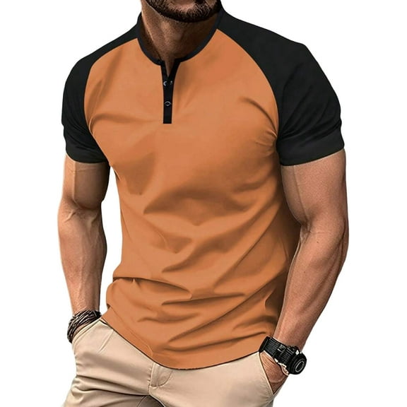 Mens Casual Shirts Classic Short Sleeve Golf Shirt Fashion Button Top with Pocket Orange Color M